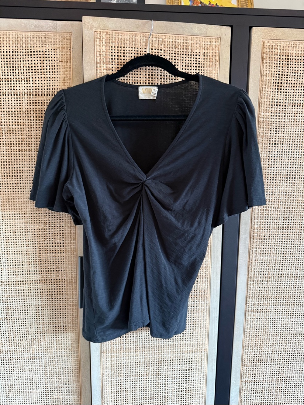 Nation LTD Black Twist-Front V-Neck Flutter Sleeve Top